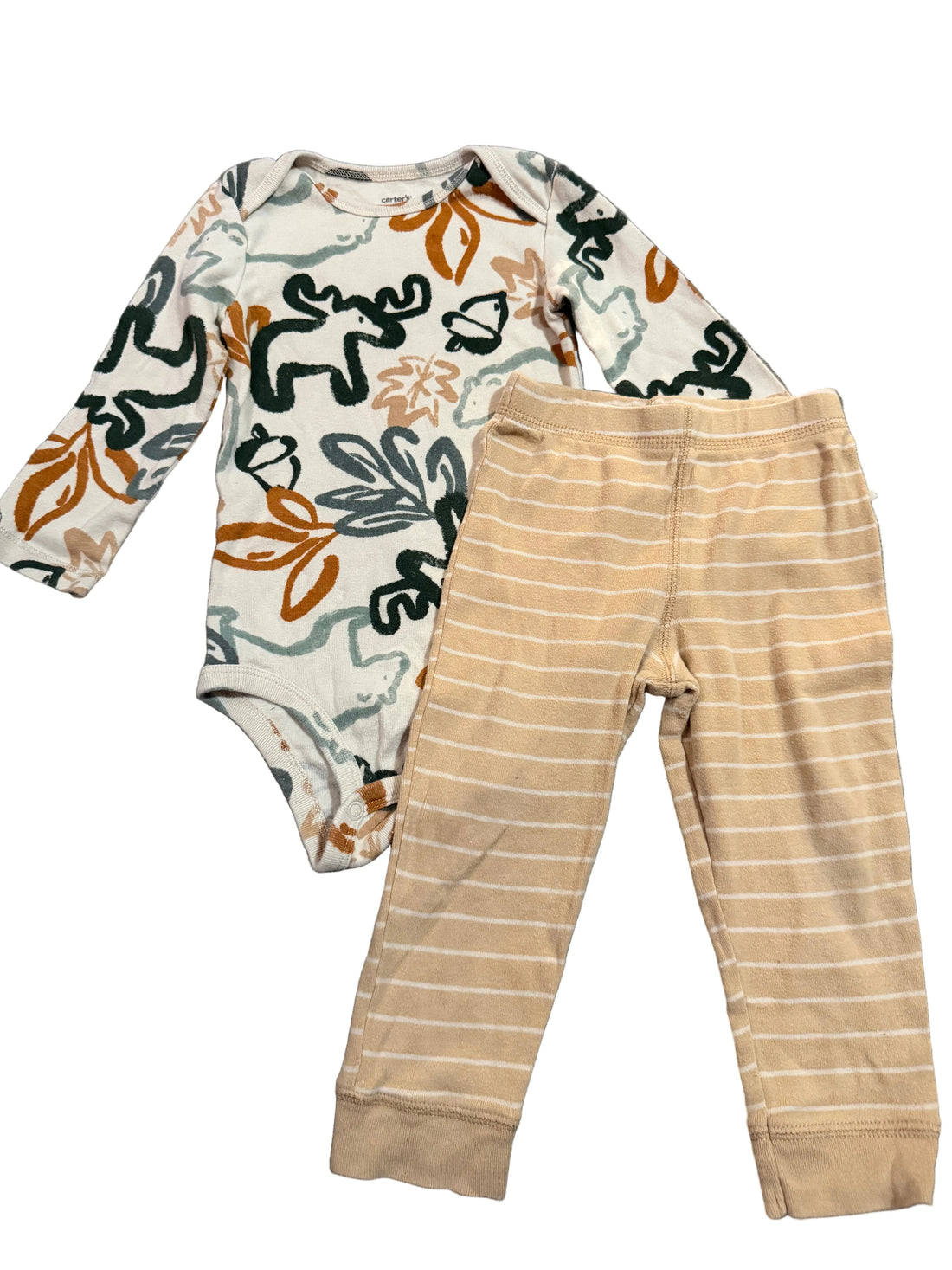 Beige pants and a patterned baby onesie