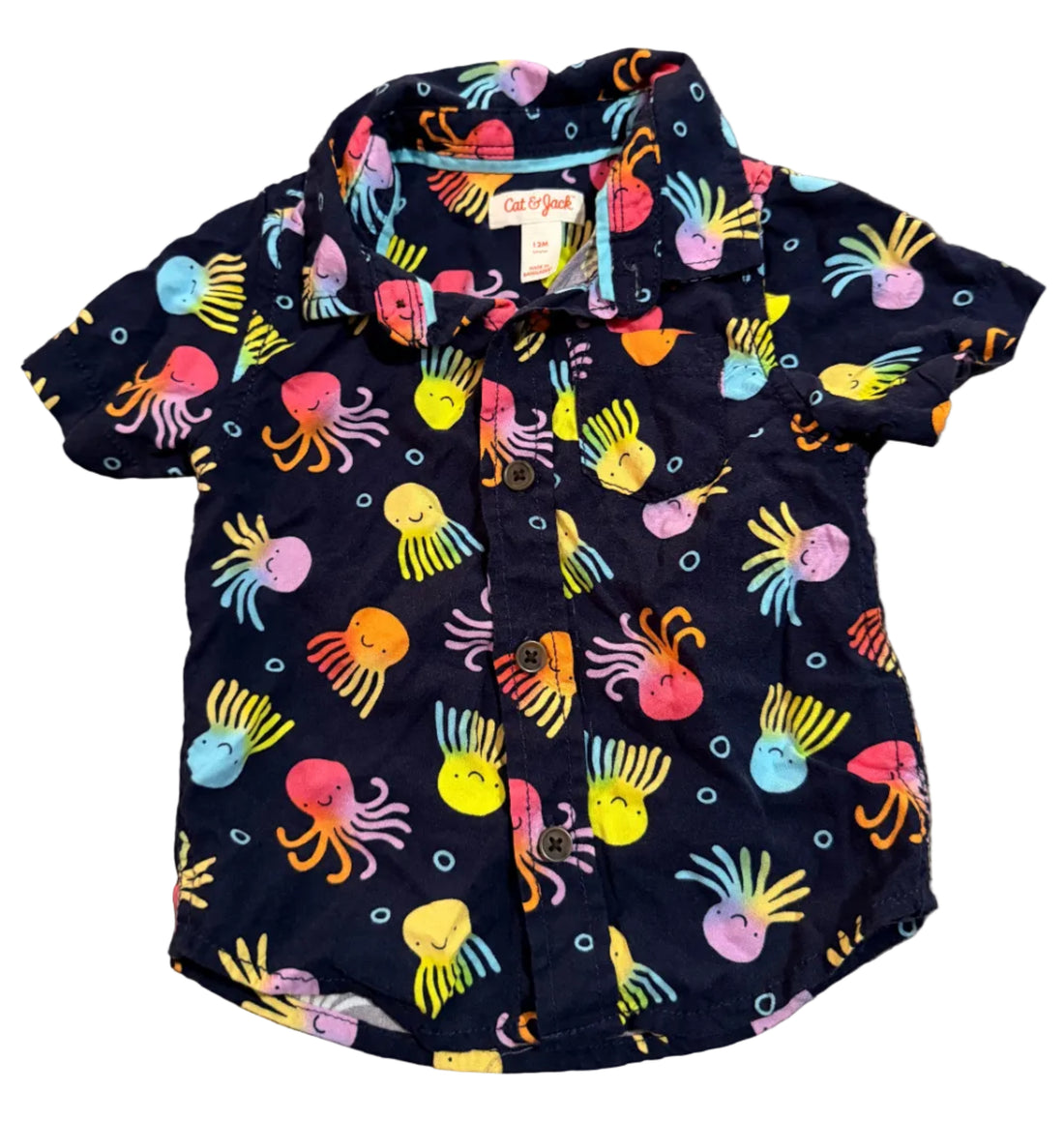 Navy blue fabric with colorful octopus pattern 