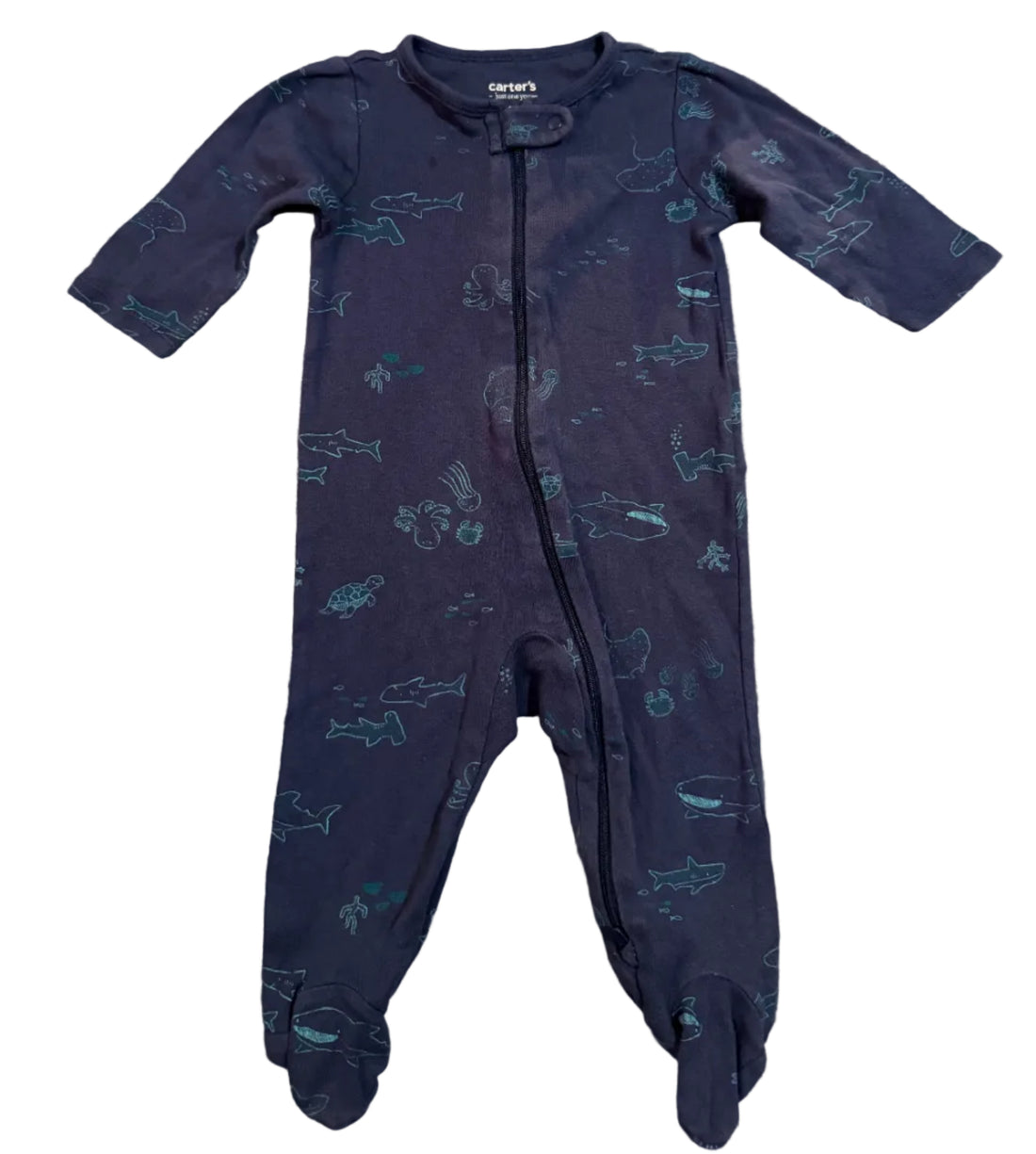 Navy blue baby onesie with patterns 