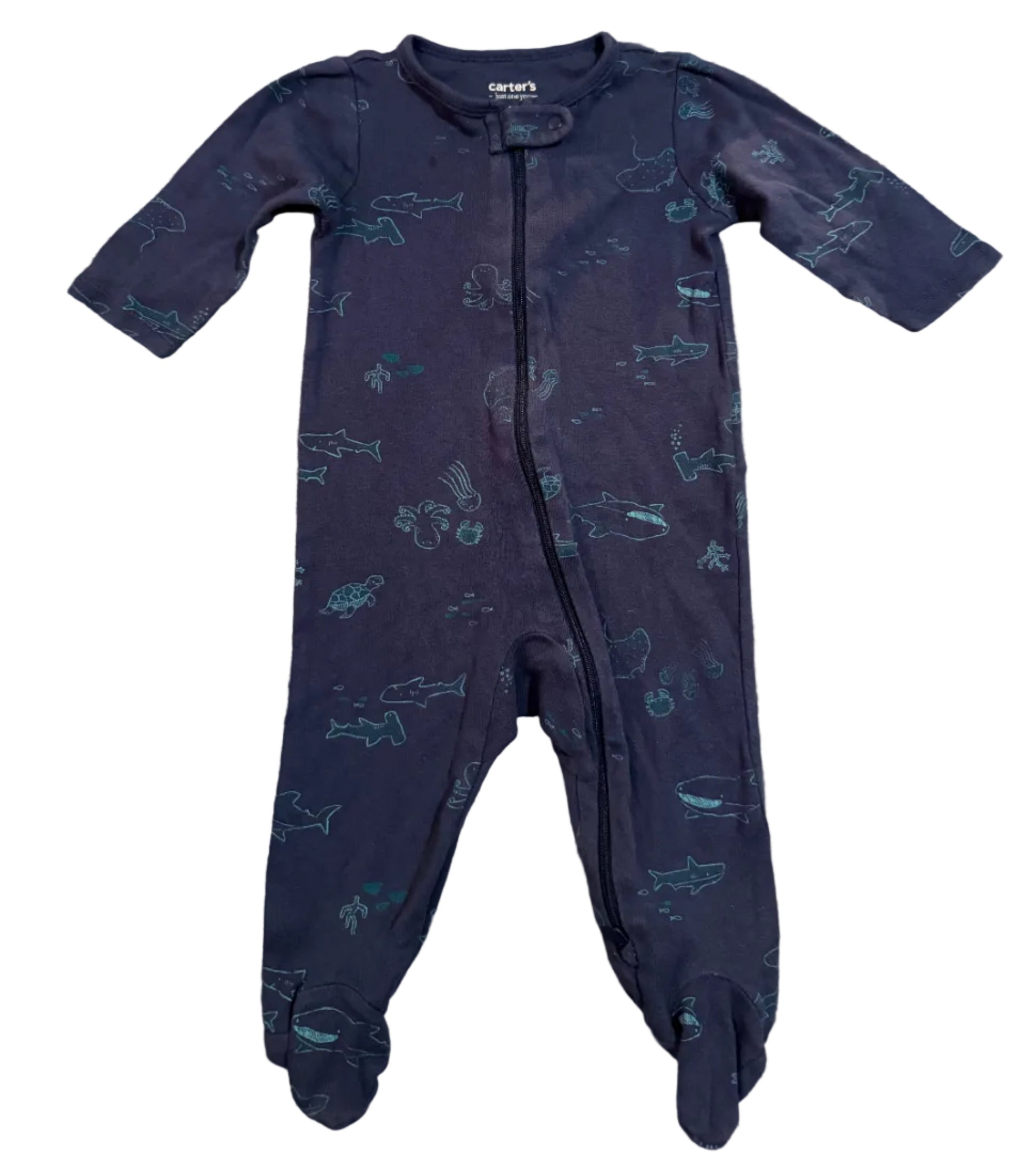 Navy blue baby onesie with patterns 
