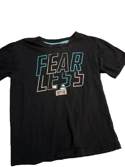 Black t-shirt with 'FEARLESS' text on a white background