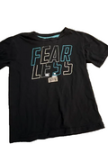 Black t-shirt with 'FEARLESS' text on a white background