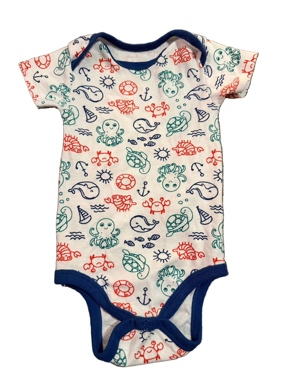 Baby onesie with colorful sea-themed pattern 