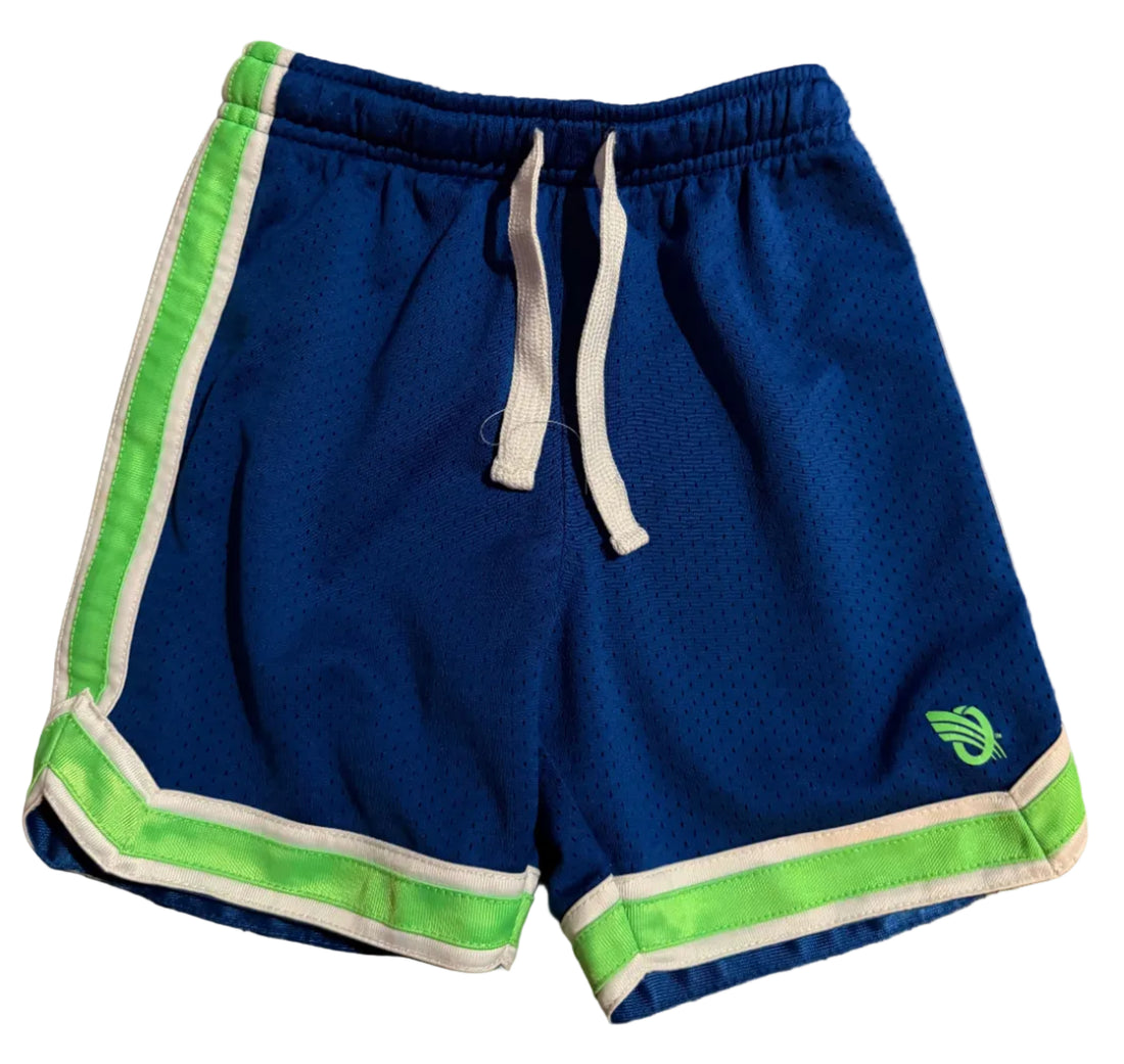 Blue shorts with green and white trim 