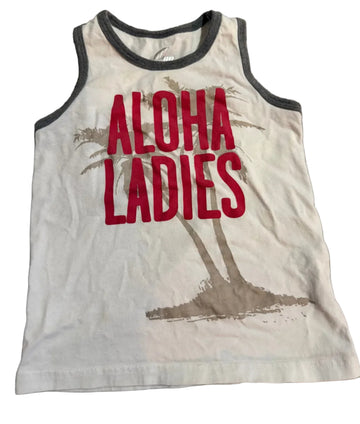 White tank top with red 'Aloha Ladies' text 