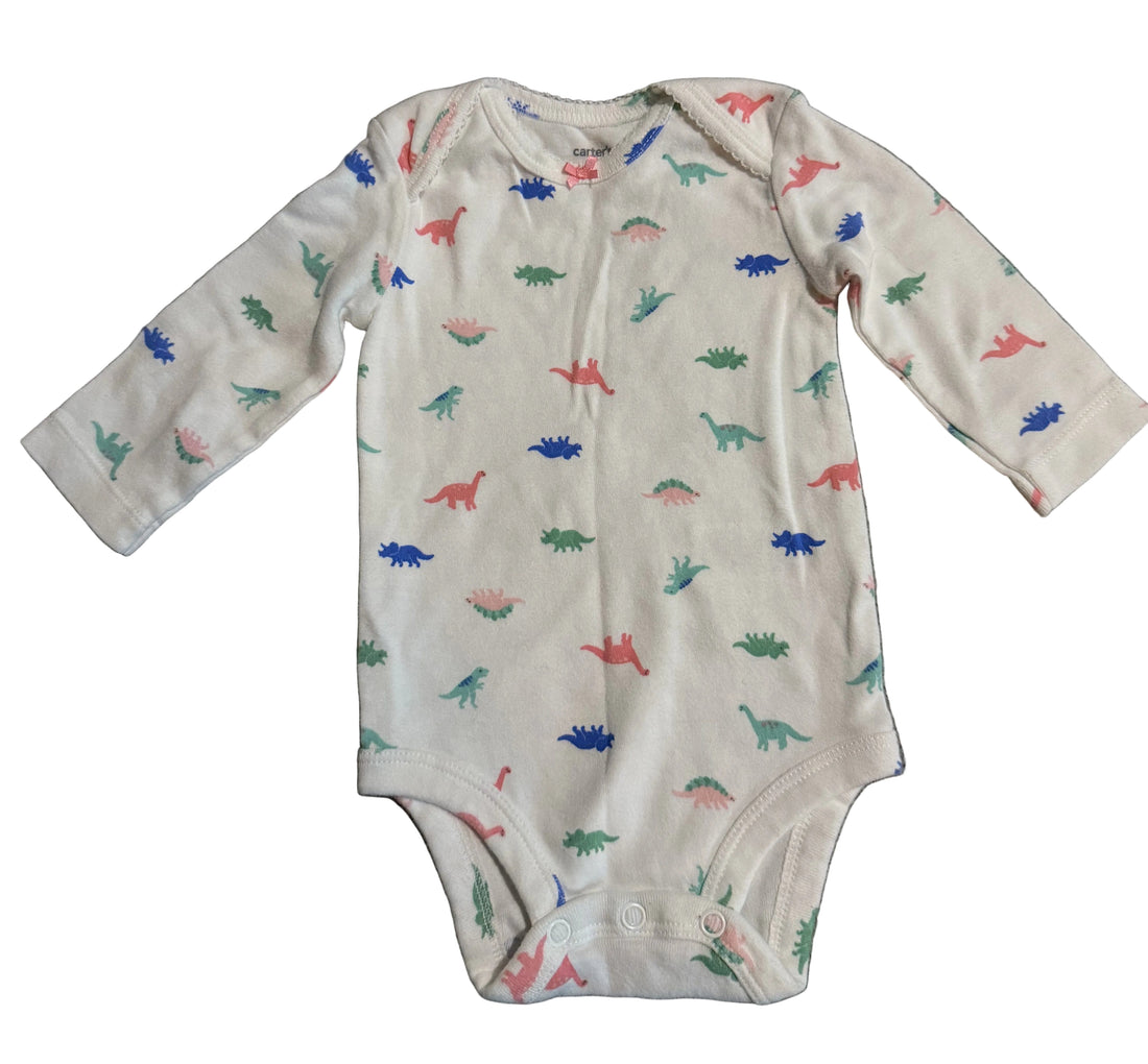 Carter's LS Onesie / 3M featuring colorful dinosaur patterns on a soft fabric.