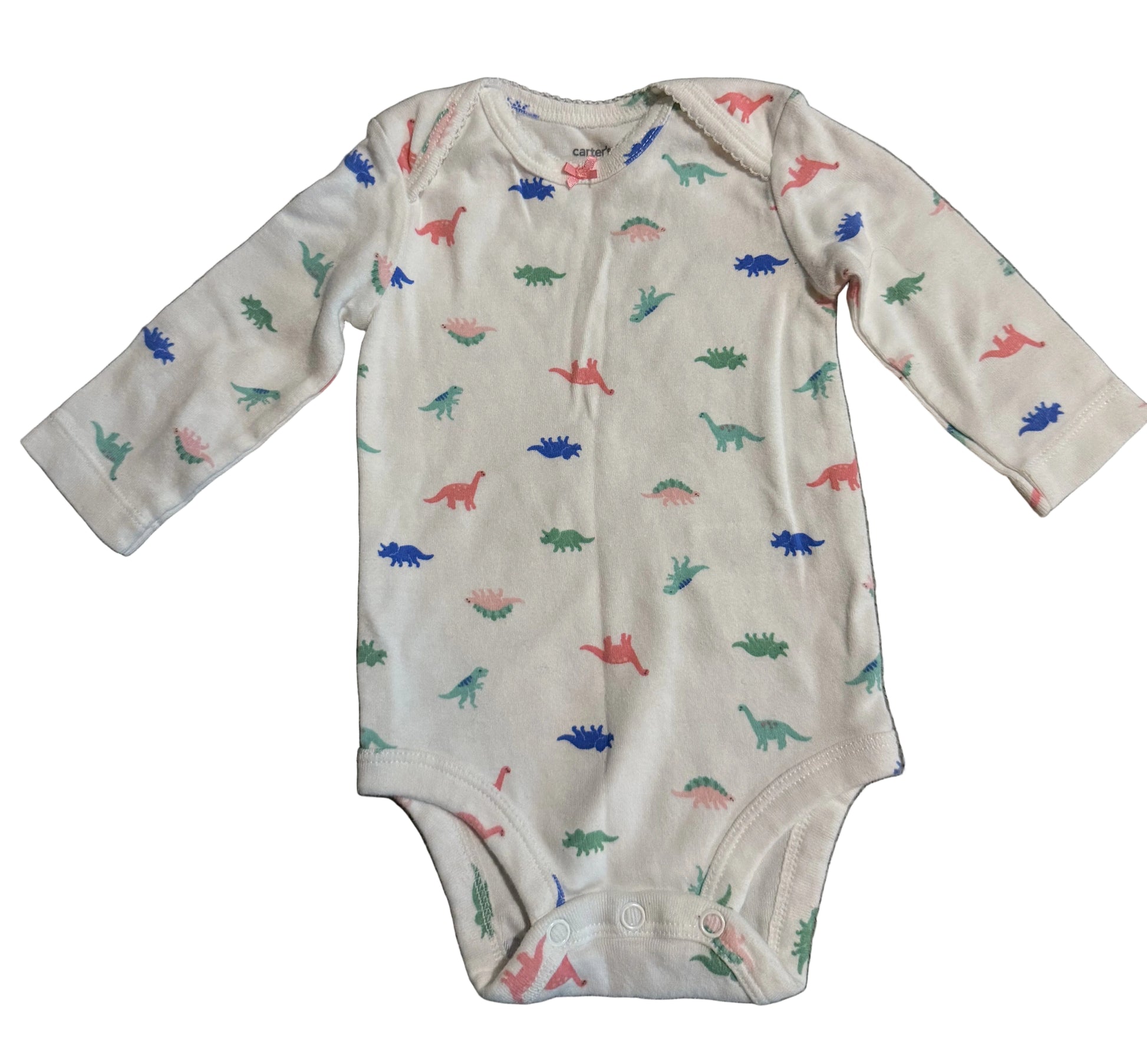 Carter's LS Onesie / 3M featuring colorful dinosaur patterns on a soft fabric.