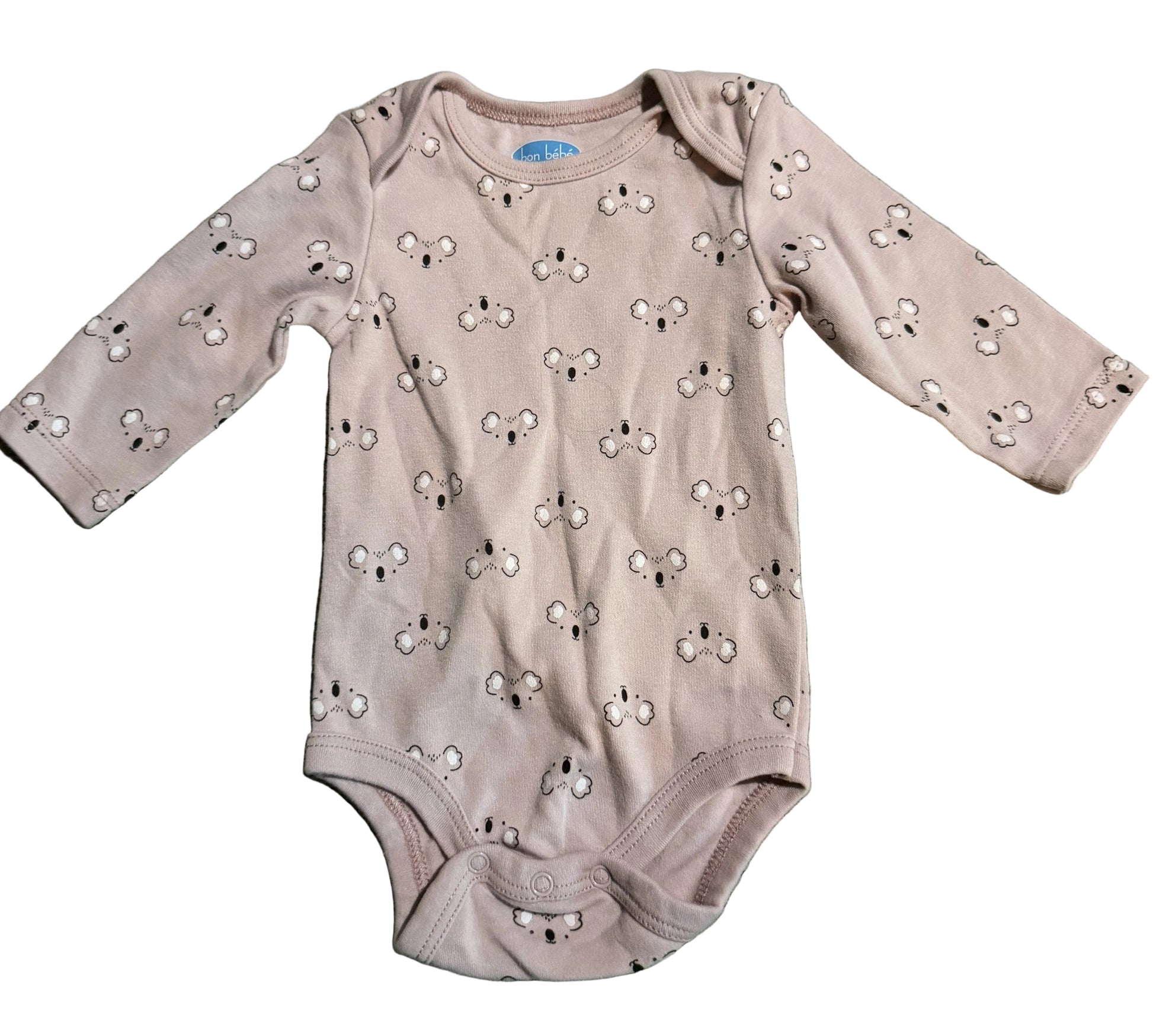 Bon Bebe LS Onesie / 3-6M in soft beige with cute animal print, perfect for infants aged 3-6 months.