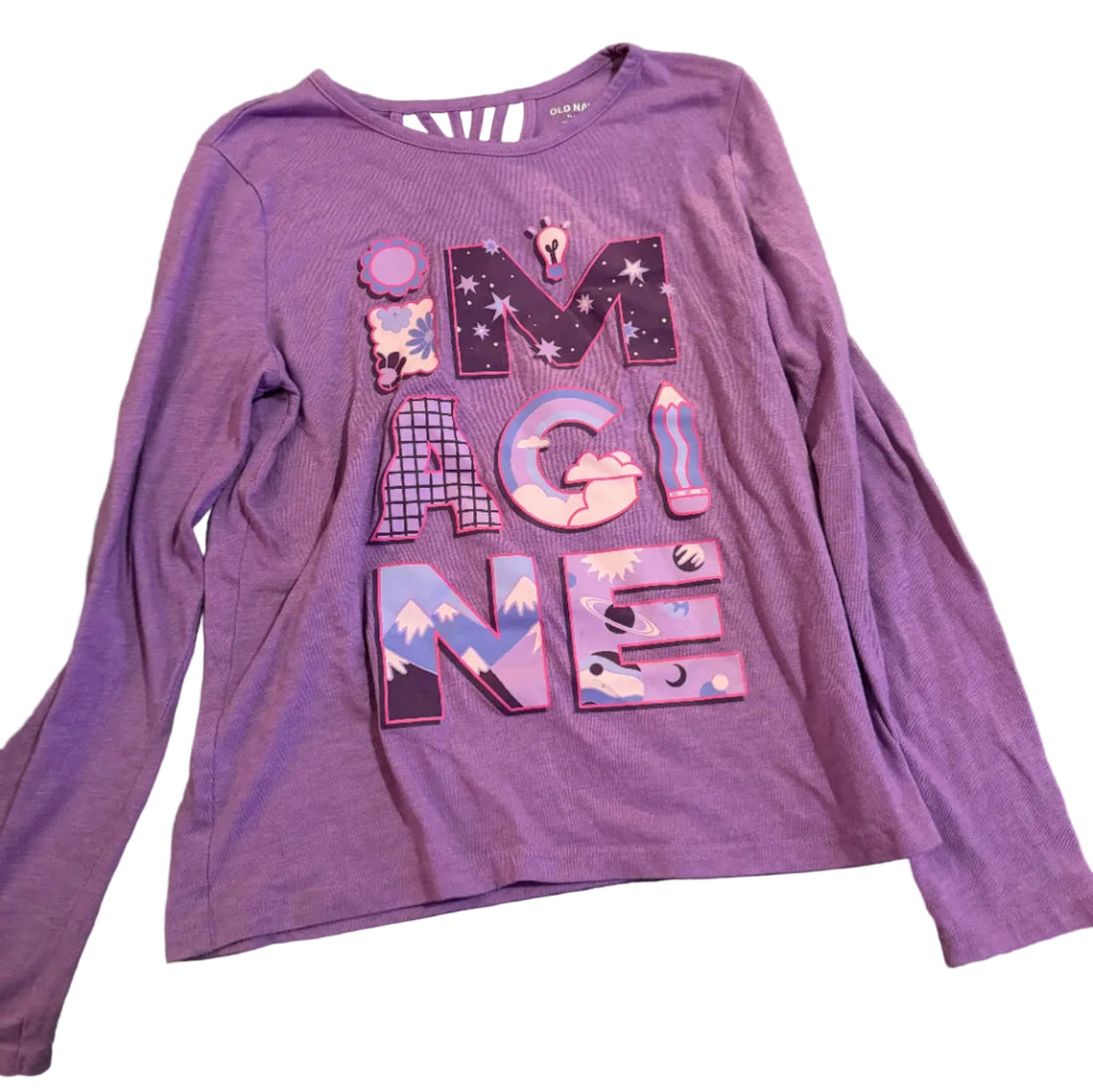 Purple long-sleeve shirt with graphic design