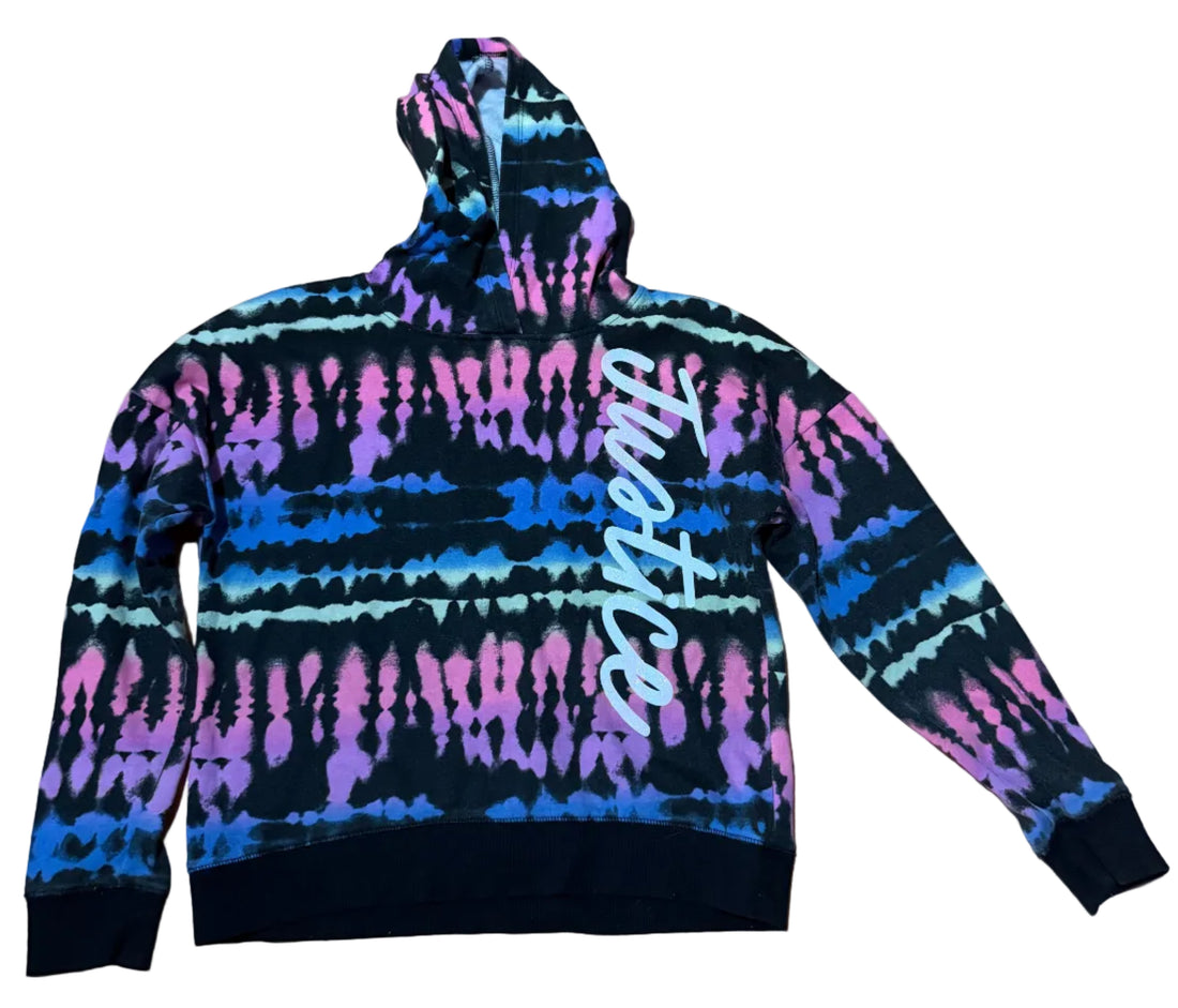 Tie-dye hoodie with 'Justice' text 