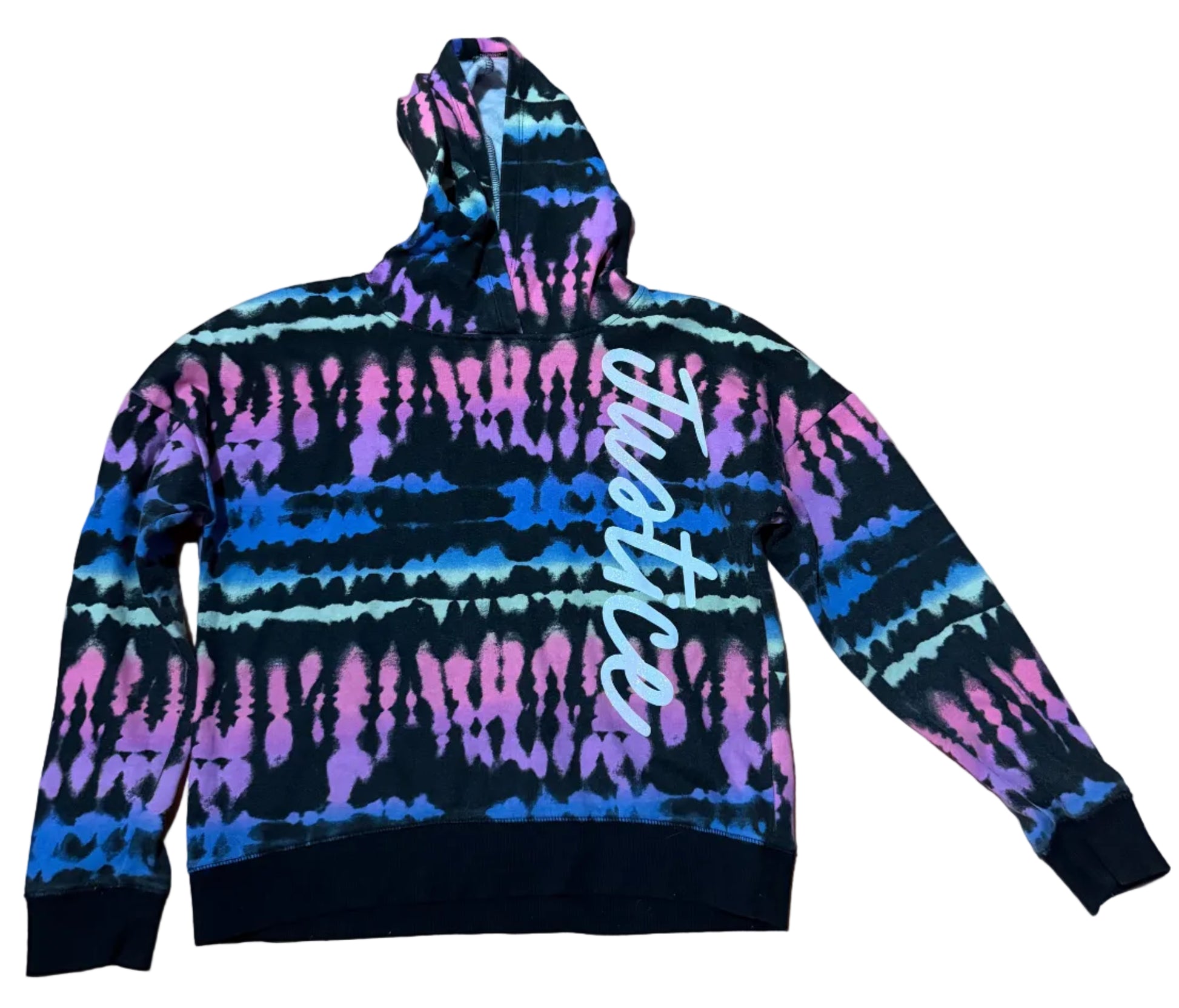 Tie-dye hoodie with 'Justice' text 