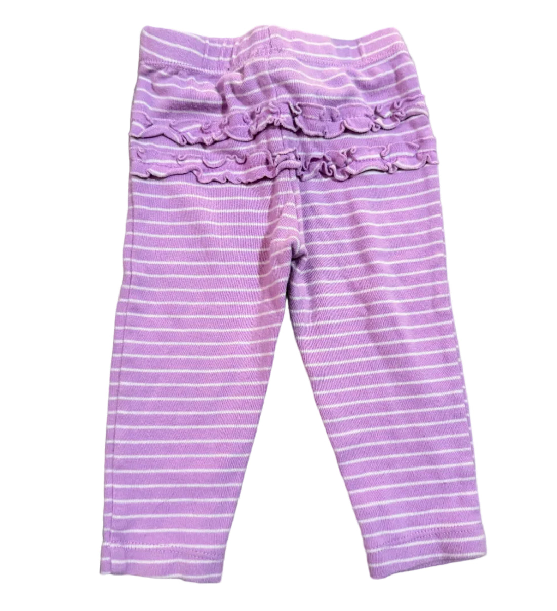 Purple and white striped pants with ruffled waistband 