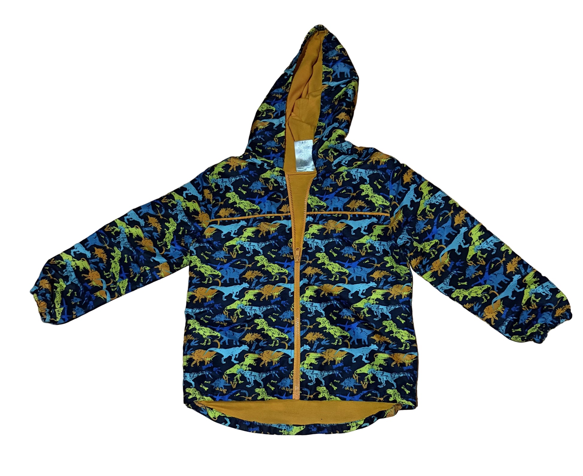Lily & Dan Rain Jacket / 6-7 with colorful dinosaur patterns and hooded design.