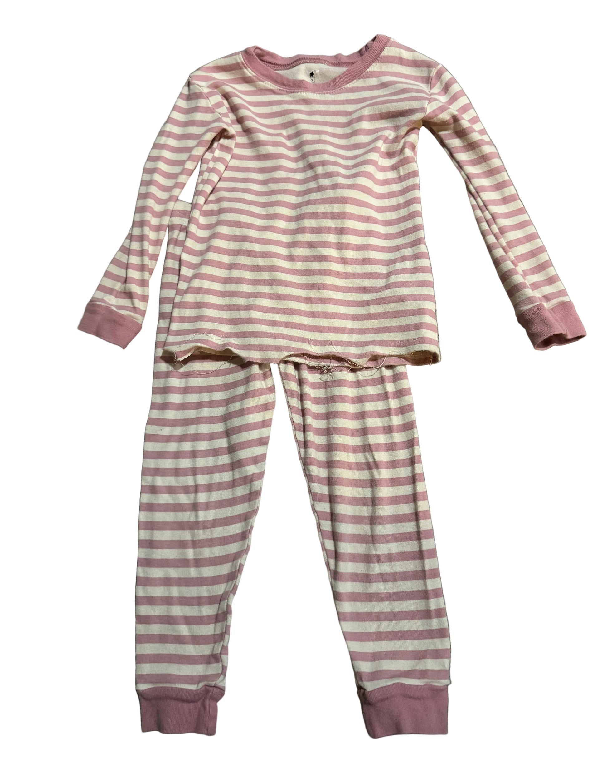 Striped Pajamas / 3T with hem coming unraveled at the front bottom, featuring a pink and white striped design.