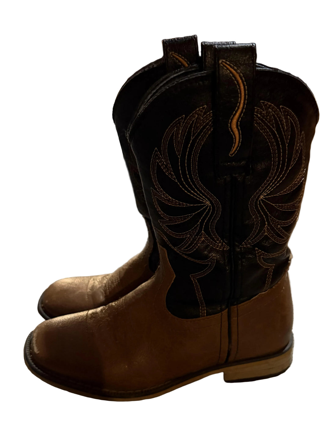 Pair of brown cowboy boots with intricate stitching.