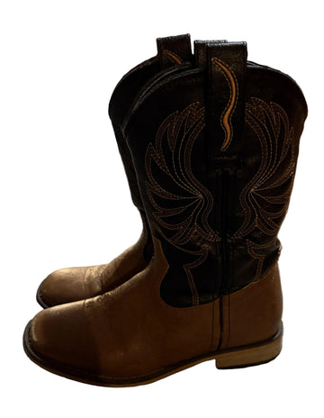 Pair of brown cowboy boots with intricate stitching.